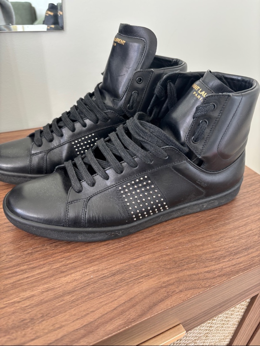 Authentic Saint Laurent Black Leather High-Top Sneakers with Silver Stud Panels - Picture 3 of 8